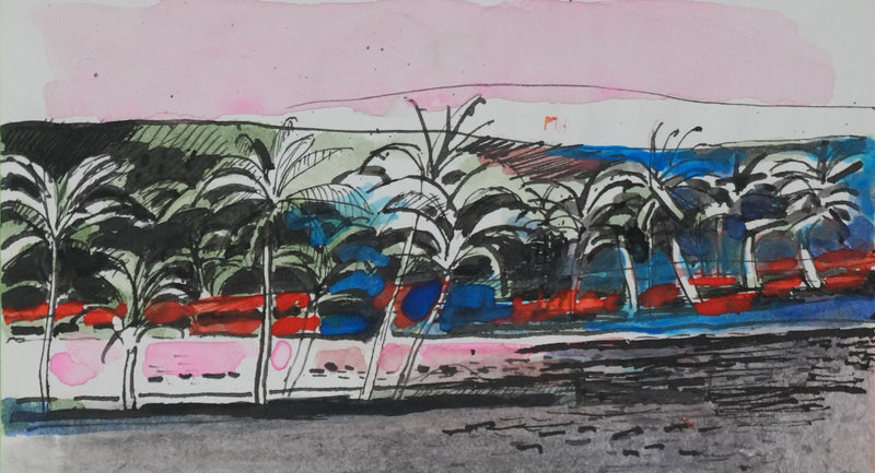 Maurice GENIS : Le bord de mer au soleil couchant, Dessin original signé