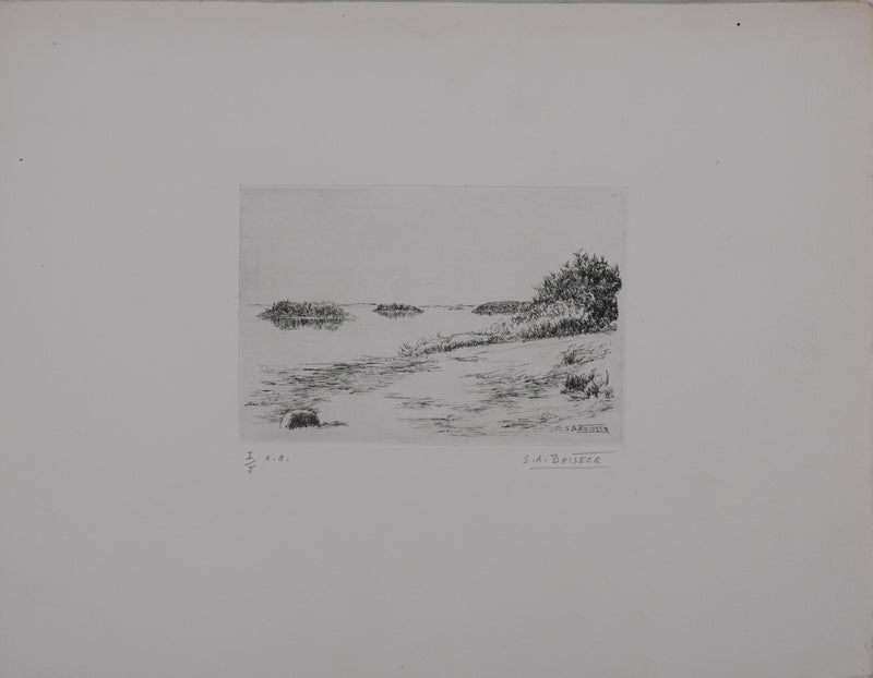 Salomon Alfred BOISECQ : La petite plage du lac, Gravure originale signée