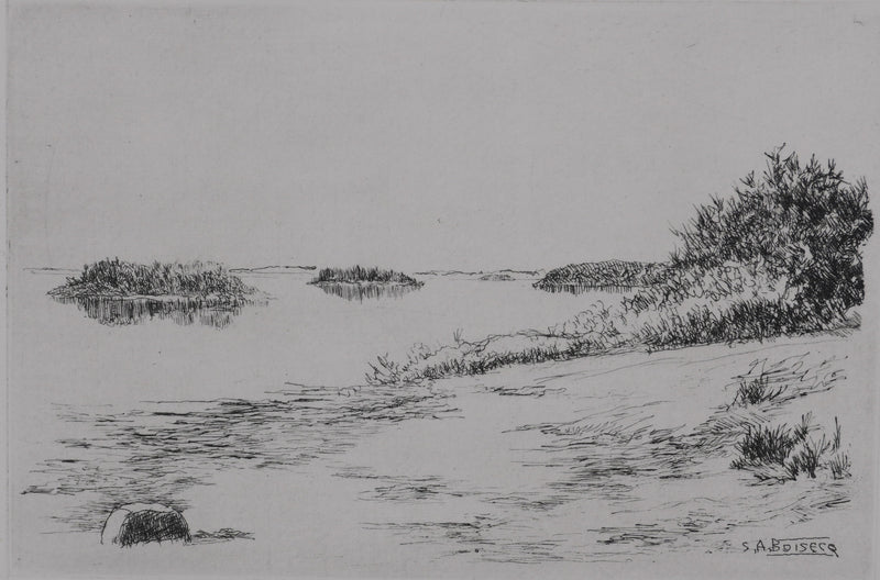 Salomon Alfred BOISECQ : La petite plage du lac, Gravure originale signée