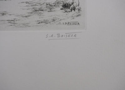 Salomon Alfred BOISECQ : La petite plage du lac, Gravure originale signée