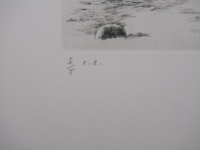 Salomon Alfred BOISECQ : La petite plage du lac, Gravure originale signée