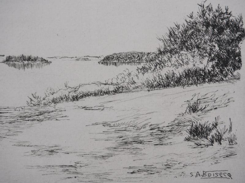 Salomon Alfred BOISECQ : La petite plage du lac, Gravure originale signée