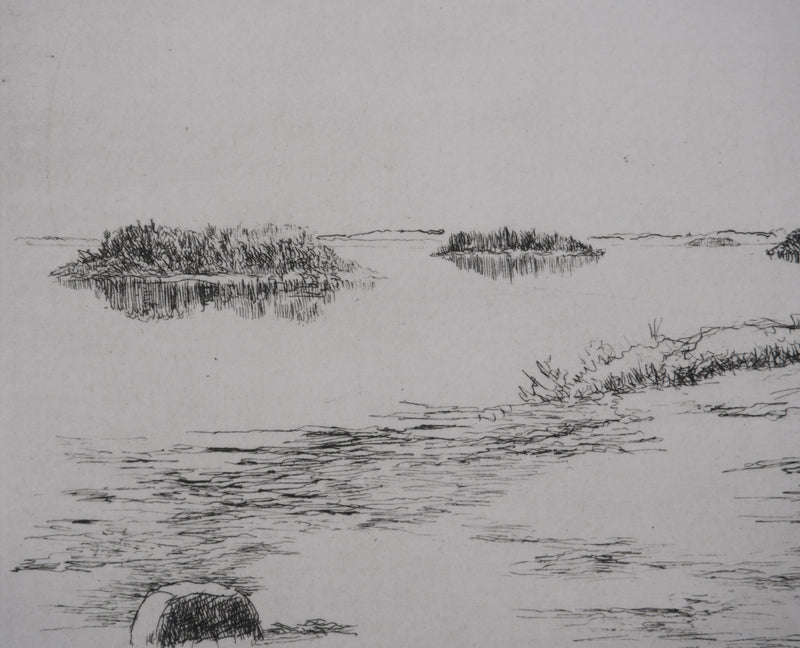 Salomon Alfred BOISECQ : La petite plage du lac, Gravure originale signée