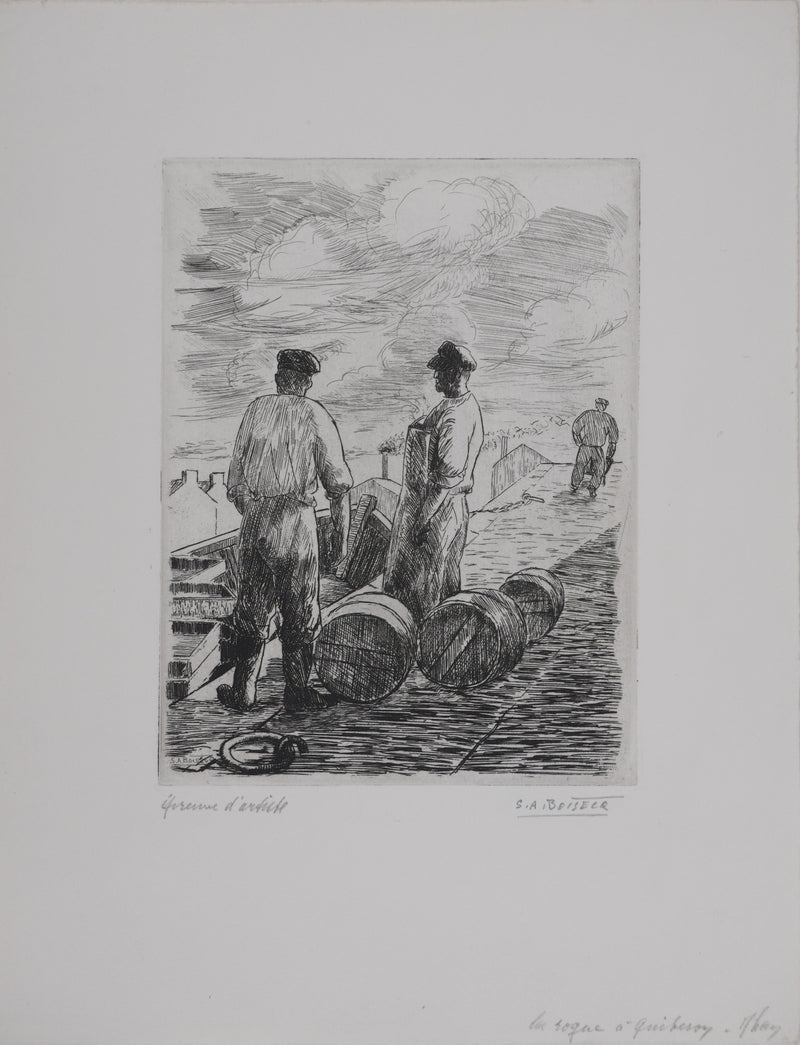 Salomon Alfred BOISECQ : Les dockers du Quiberon, Gravure originale signée