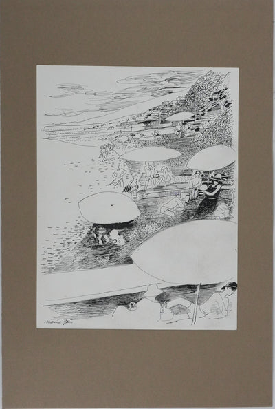 Maurice GENIS : La baignade au lac, Dessin original signé