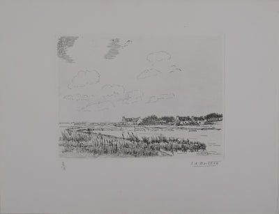 Salomon Alfred BOISECQ : Maisons sur l'estuaire, Gravure originale signée