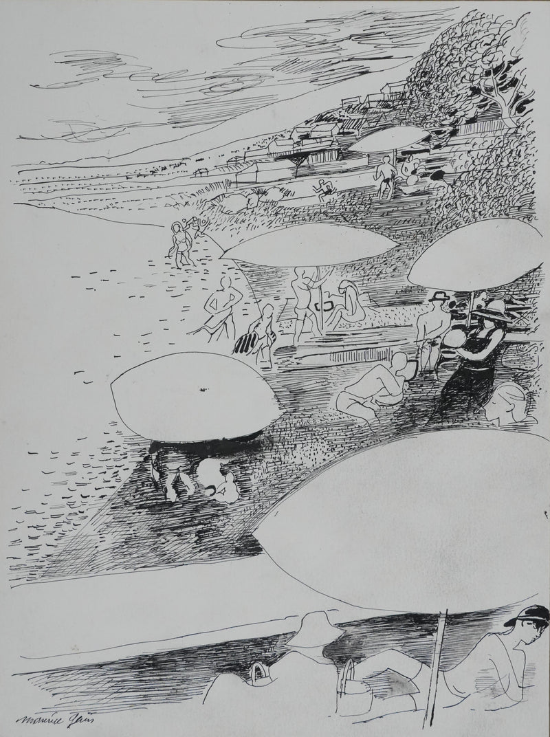 Maurice GENIS : La baignade au lac, Dessin original signé