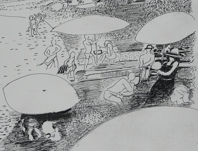 Maurice GENIS : La baignade au lac, Dessin original signé