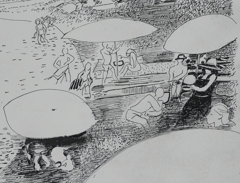 Maurice GENIS : La baignade au lac, Dessin original signé