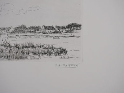 Salomon Alfred BOISECQ : Maisons sur l'estuaire, Gravure originale signée