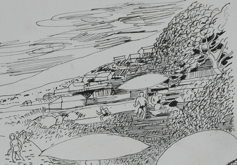 Maurice GENIS : La baignade au lac, Dessin original signé