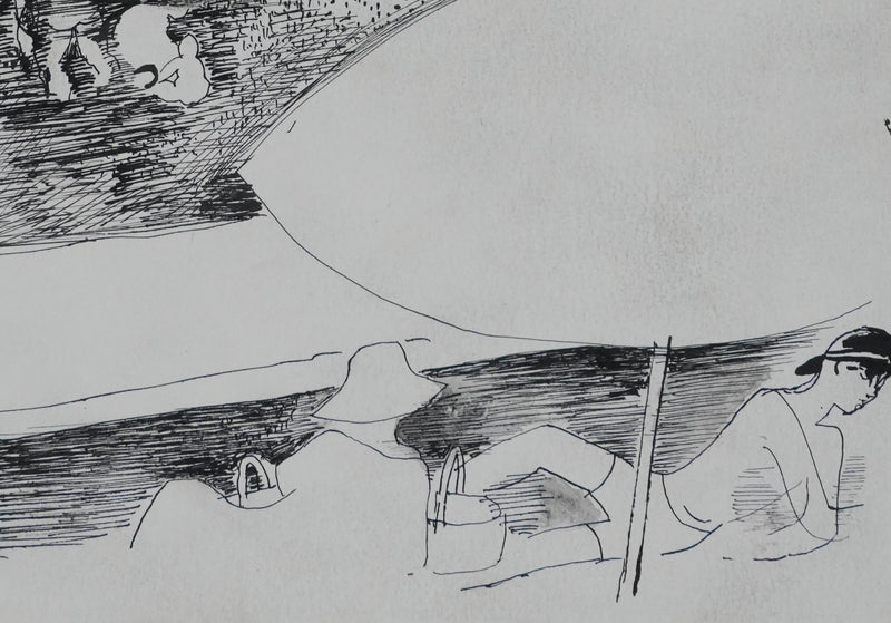 Maurice GENIS : La baignade au lac, Dessin original signé