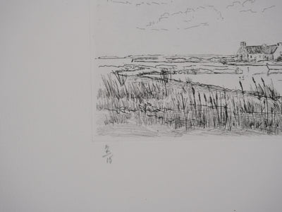 Salomon Alfred BOISECQ : Maisons sur l'estuaire, Gravure originale signée
