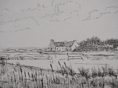 Salomon Alfred BOISECQ : Maisons sur l'estuaire, Gravure originale signée