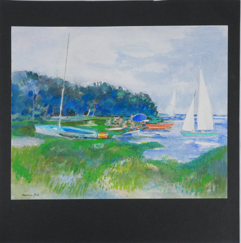 Maurice GENIS : Journée au bord du lac, Aquarelle originale signée