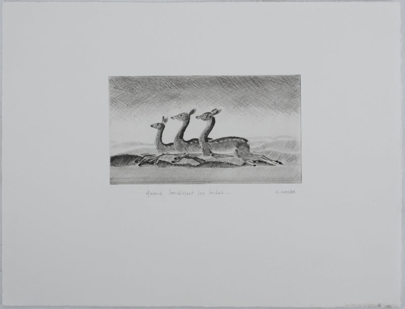 Camille COMBE : Quand bondissent les biches, Gravure originale signée