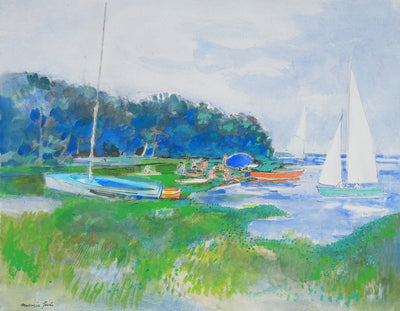 Maurice GENIS : Journée au bord du lac, Aquarelle originale signée