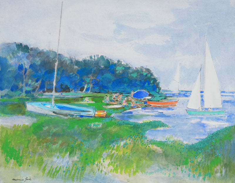 Maurice GENIS : Journée au bord du lac, Aquarelle originale signée