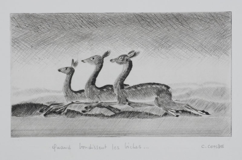 Camille COMBE : Quand bondissent les biches, Gravure originale signée