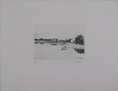 Salomon Alfred BOISECQ : Maisons au fil de l'eau, Gravure originale signée