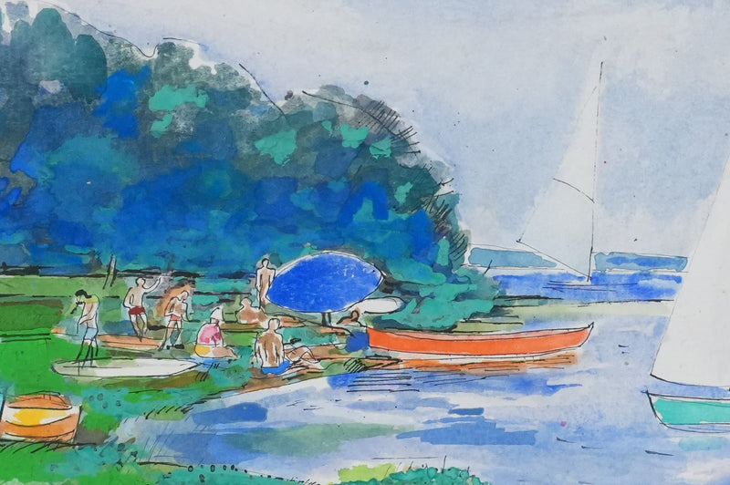 Maurice GENIS : Journée au bord du lac, Aquarelle originale signée
