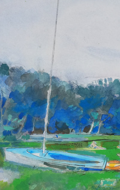Maurice GENIS : Journée au bord du lac, Aquarelle originale signée