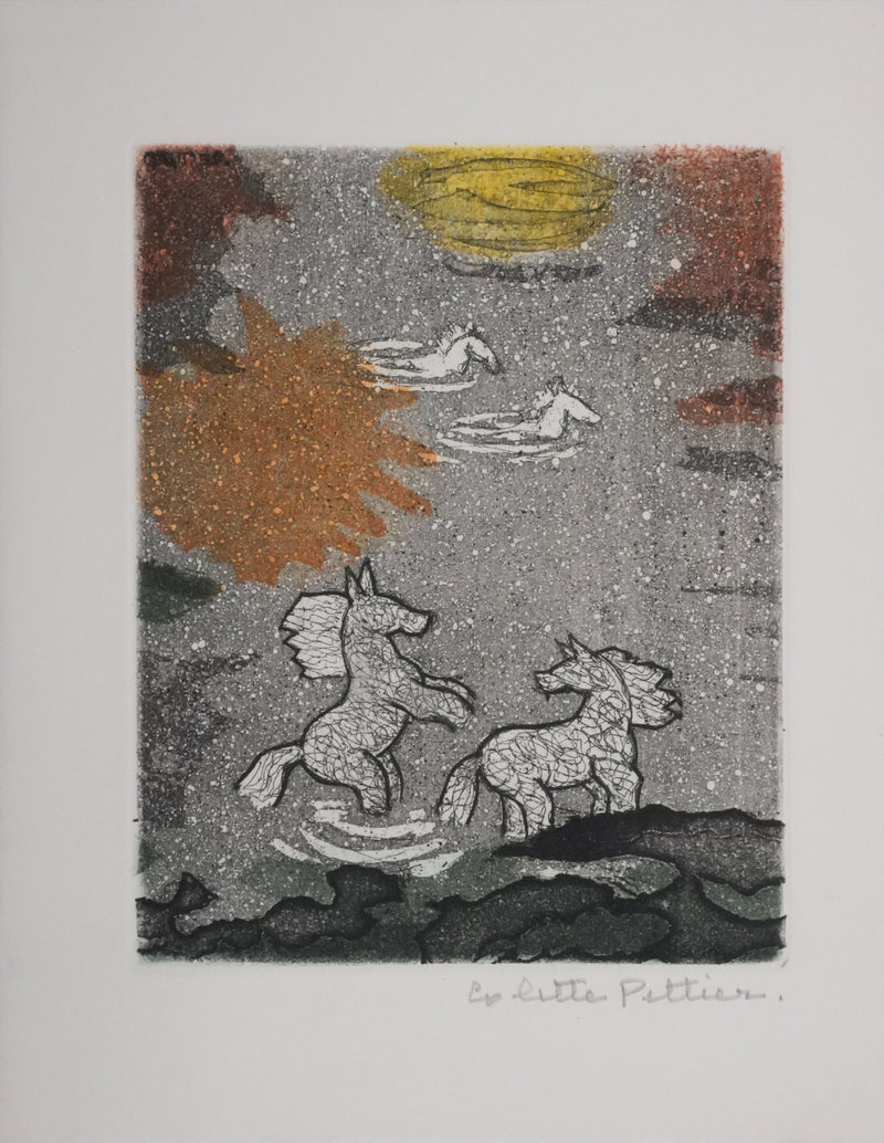 Colette PETTIER : La horde de chevaux au lac, Gravure originale signée