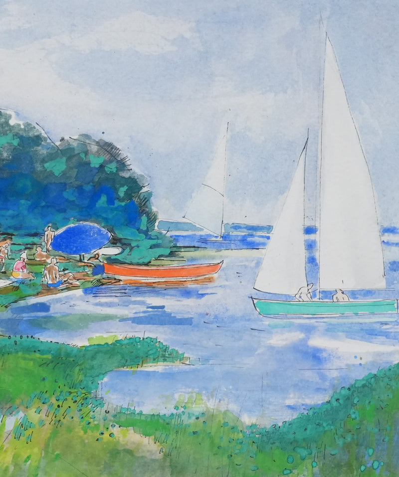 Maurice GENIS : Journée au bord du lac, Aquarelle originale signée
