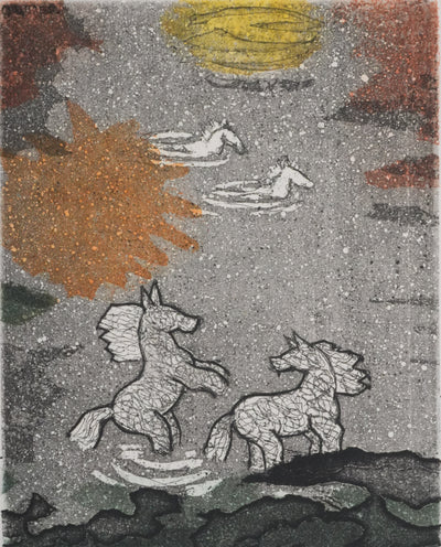 Colette PETTIER : La horde de chevaux au lac, Gravure originale signée