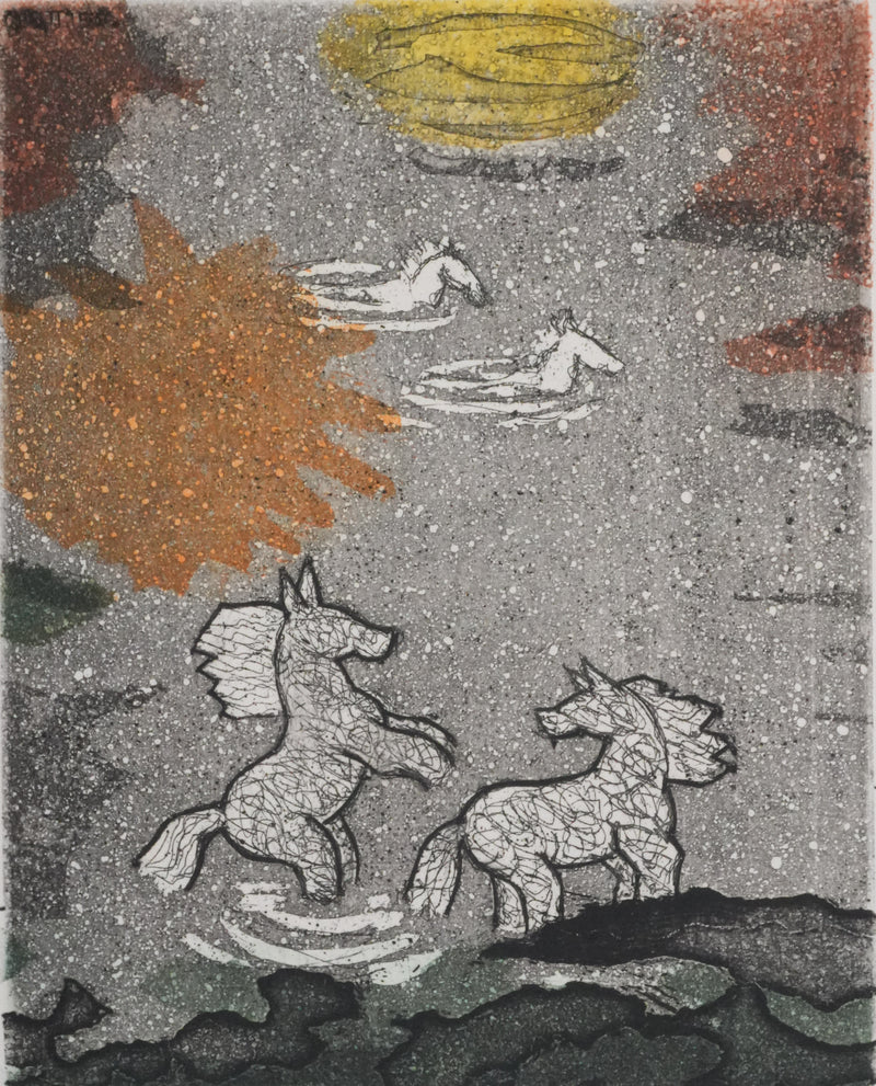 Colette PETTIER : La horde de chevaux au lac, Gravure originale signée