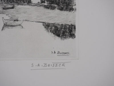 Salomon Alfred BOISECQ : Maisons au fil de l'eau, Gravure originale signée