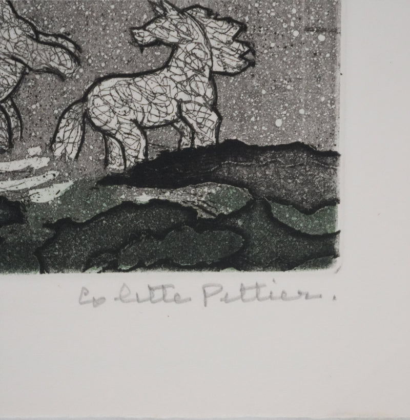 Colette PETTIER : La horde de chevaux au lac, Gravure originale signée