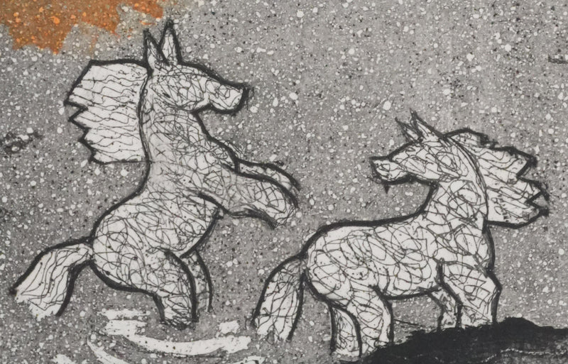 Colette PETTIER : La horde de chevaux au lac, Gravure originale signée