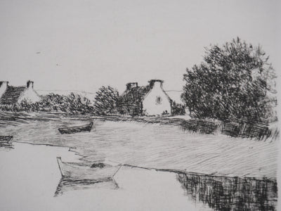 Salomon Alfred BOISECQ : Maisons au fil de l'eau, Gravure originale signée