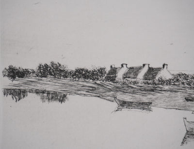 Salomon Alfred BOISECQ : Maisons au fil de l'eau, Gravure originale signée