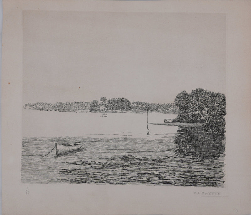 Salomon Alfred BOISECQ : Au bord du lac, Gravure originale signée
