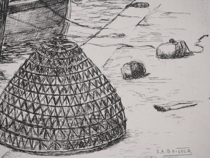 Salomon Alfred BOISECQ : Retour de pêche en Méditerranée, Gravure originale signée