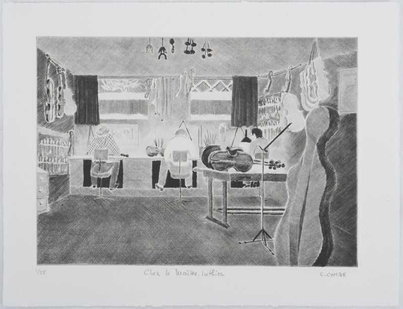 Camille COMBE : Chez le maitre luthier, Gravure originale signée