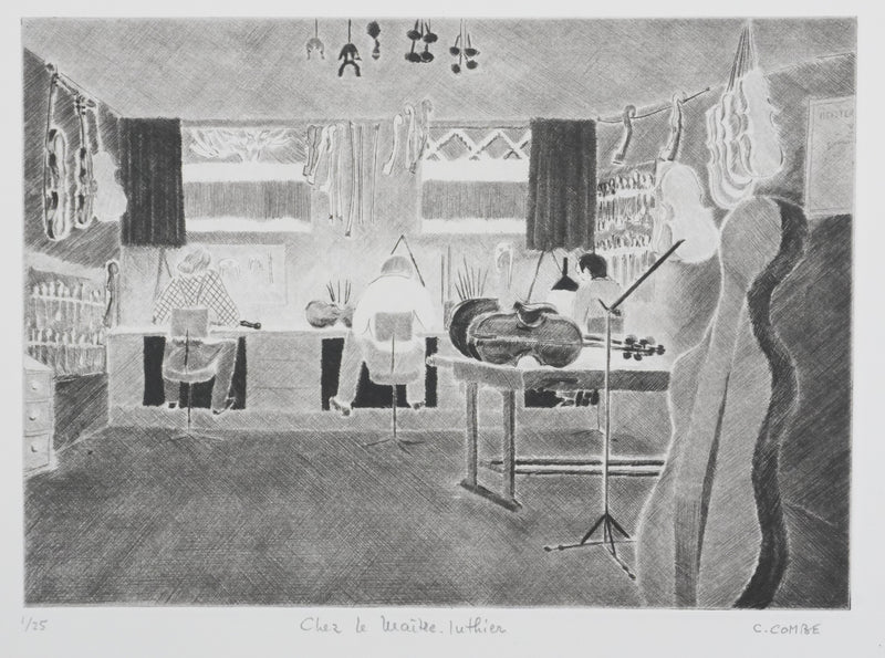 Camille COMBE : Chez le maitre luthier, Gravure originale signée