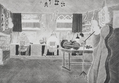 Camille COMBE : Chez le maitre luthier, Gravure originale signée