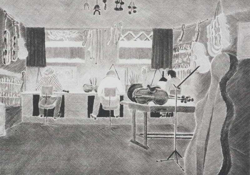 Camille COMBE : Chez le maitre luthier, Gravure originale signée