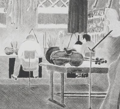 Camille COMBE : Chez le maitre luthier, Gravure originale signée