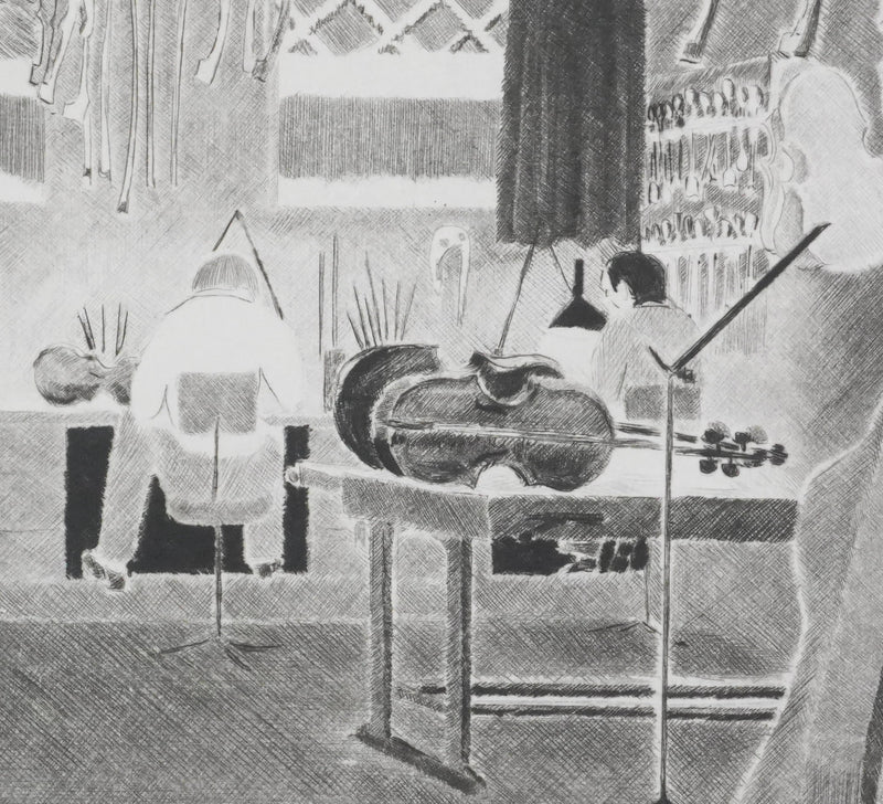 Camille COMBE : Chez le maitre luthier, Gravure originale signée