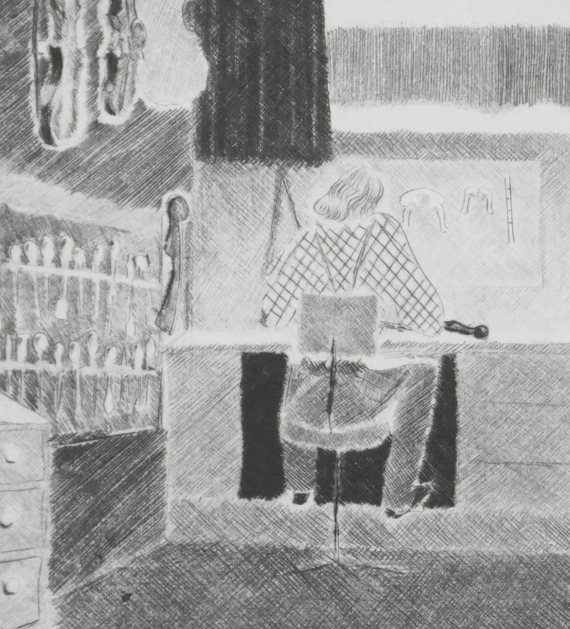 Camille COMBE : Chez le maitre luthier, Gravure originale signée