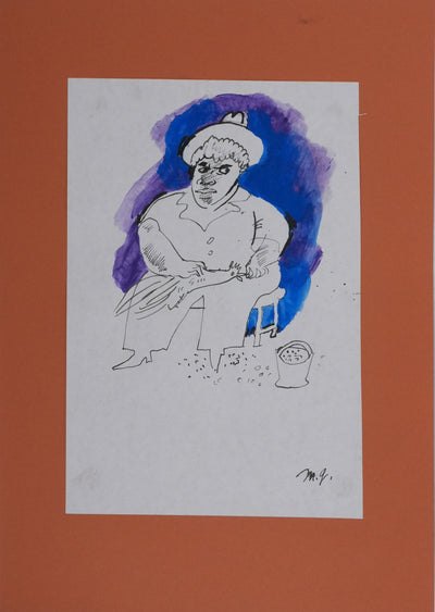 Maurice GENIS : La femme et sa poule, Dessin original signé