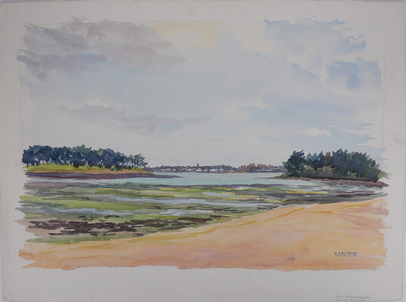 Salomon Alfred BOISECQ : Bretagne, Vue sur Locmariaquer, Aquarelle originale signée