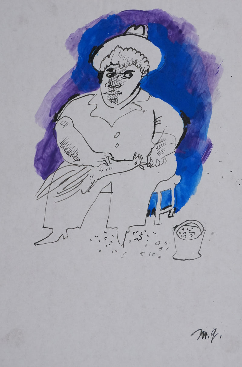 Maurice GENIS : La femme et sa poule, Dessin original signé