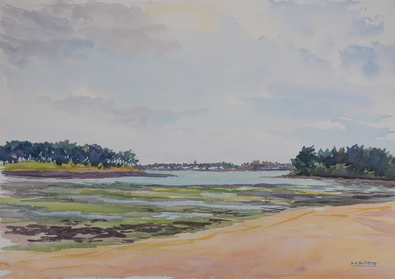 Salomon Alfred BOISECQ : Bretagne, Vue sur Locmariaquer, Aquarelle originale signée