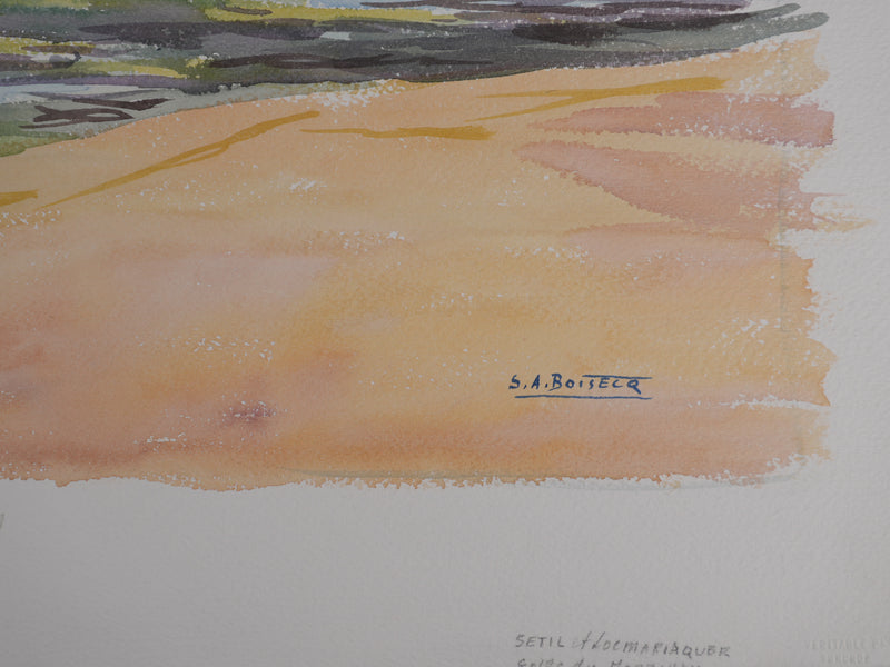 Salomon Alfred BOISECQ : Bretagne, Vue sur Locmariaquer, Aquarelle originale signée