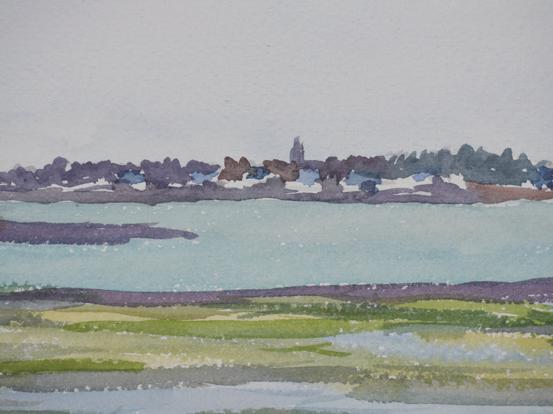 Salomon Alfred BOISECQ : Bretagne, Vue sur Locmariaquer, Aquarelle originale signée